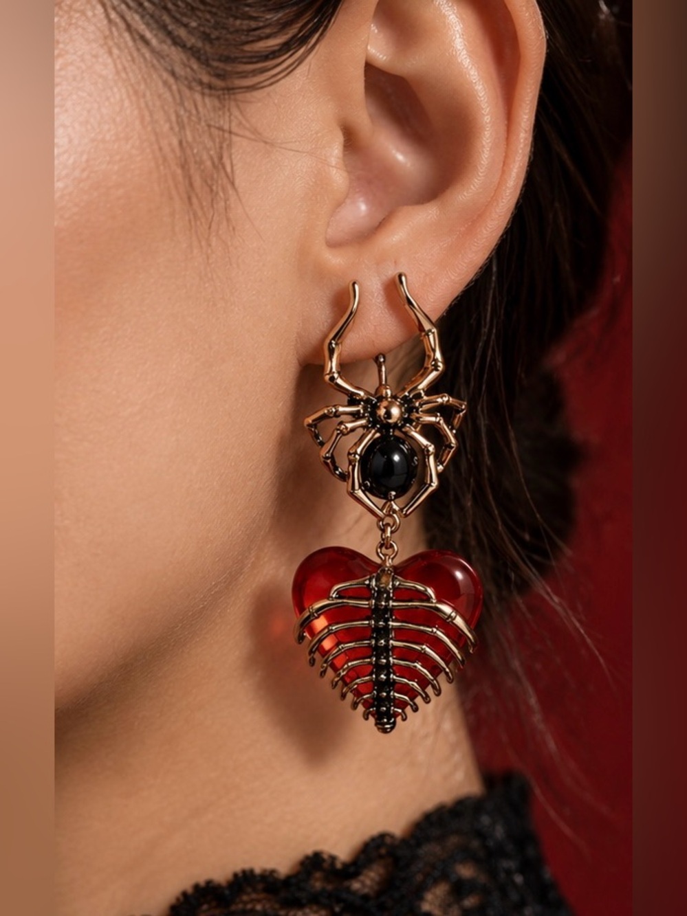 Gold Tone Spider Heart Drop Earrings Red Black Statement Dangle Jewelry